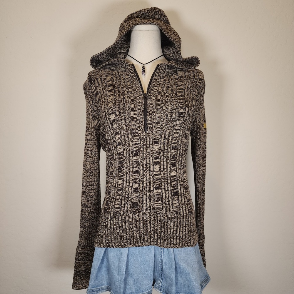 DKNY‎ Jeans Women's Half Zip Knit Hoodie Sweater Brown Cream Textured M